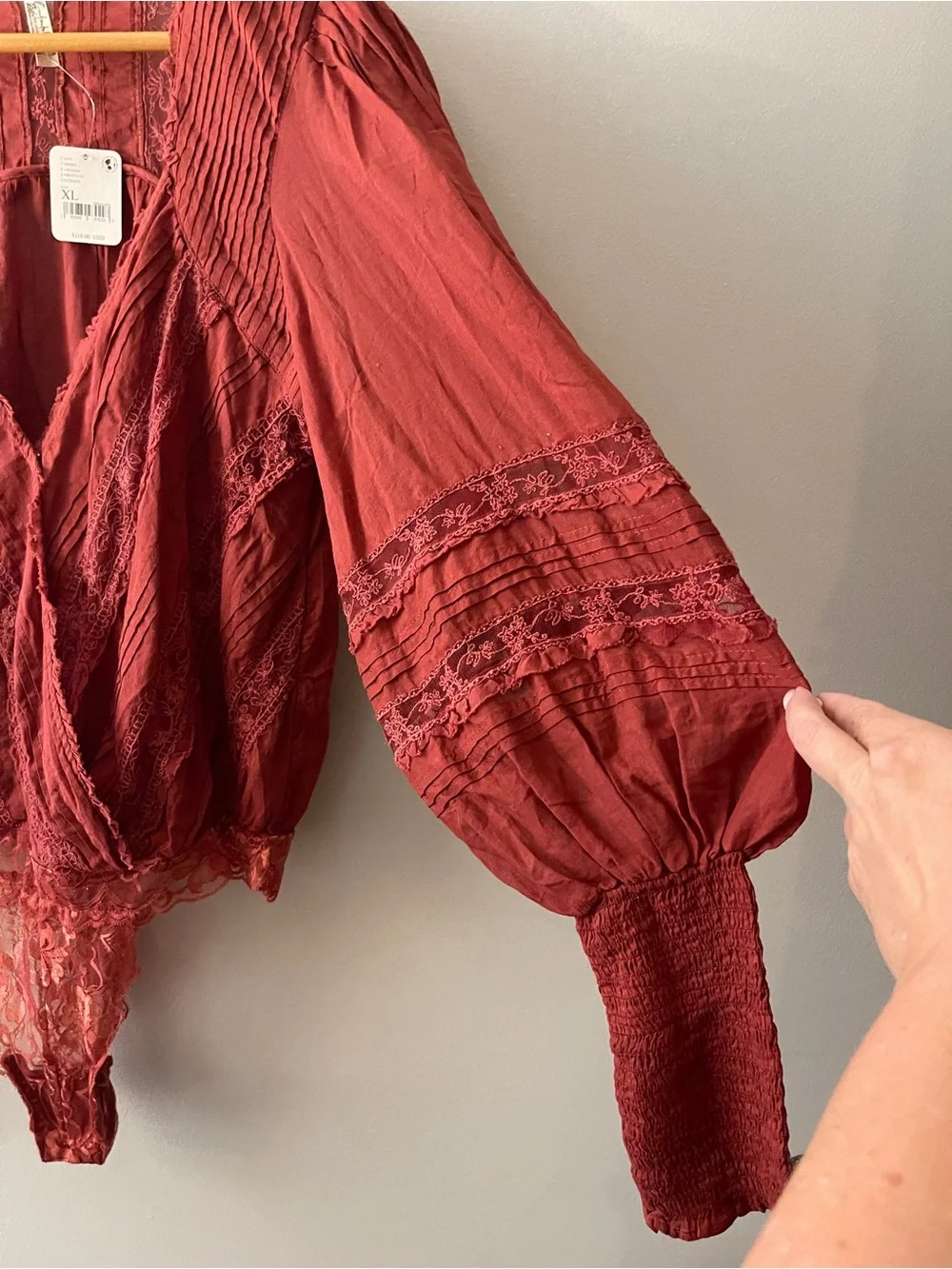 Free People Deep Red Lace Trim Long Sleeve Bodysuit